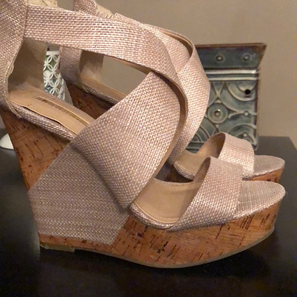 BCBG Nude/Tan Woven Cork Wedge Sandals